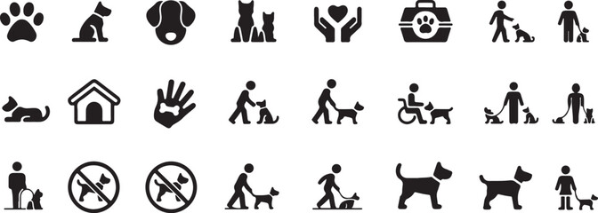 Naklejka premium Vector glyph pictograms of dog, cat, paw print, carrier, veterinary care, adoption, training black silhouette illustration