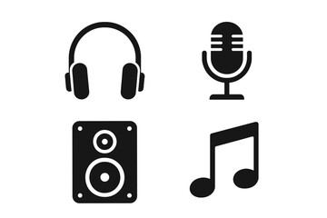Music and audio icon set. Headphones, microphone, speaker, and musical note symbols. Vector graphic for sound, podcast, broadcast, radio, and media player interface design.