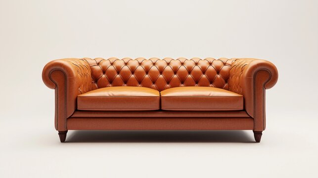 A classic brown leather Chesterfield sofa with rolled arms and tufted backrest against a plain white background.