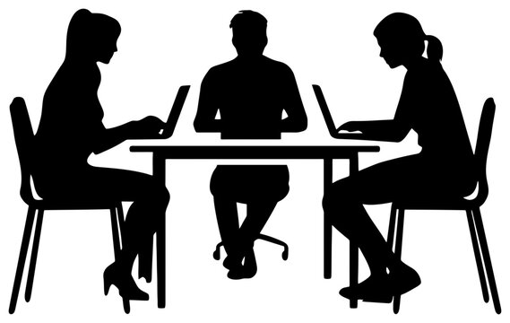 silhouette of three people working together around shared table