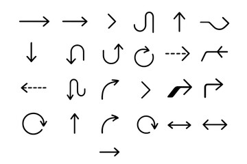 Arrow icons vector set. Black outline symbols for navigation, direction, and infographics. Minimalist pointers, straight, curved, dashed, and looped arrows for web design.