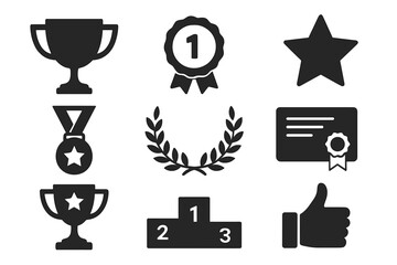 Award and Achievement Icons Set, Trophy Medal Ribbon Star Certificate Laurel Wreath Podium and Thumbs Up, Black Vector Illustration on White Background for Business and Success