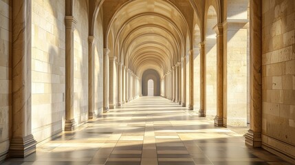 A grand, light-filled hall with arched stone columns and a bright, sunny atmosphere.
