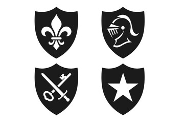 Heraldic shields vector icon set. Black silhouette emblems with knight helmet, fleur de lis, sword, key, star. Medieval armorial blazon for logo design, branding, security, honor, protection.
