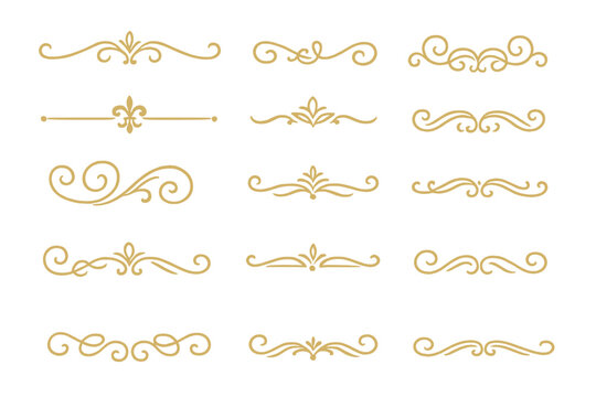 Elegant gold dividers and vintage flourishes. A set of ornamental calligraphic lines and decorative borders. Luxury vector elements for wedding invitations, certificates, and menu design.