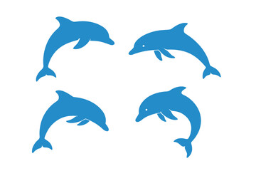 Fototapeta premium Blue dolphin vector silhouette set. Collection of jumping and swimming dolphins for ocean-themed designs. Marine animal icon or logo element. Wildlife illustration.