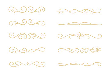 Set of elegant gold dividers and flourishes. Ornamental lines and vintage borders. Minimal separators and artistic embellishments for luxury designs, certificates, and invitations.