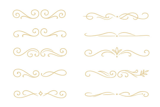 Set of elegant gold dividers and flourishes. Ornamental lines and vintage borders. Minimal separators and artistic embellishments for luxury designs, certificates, and invitations.