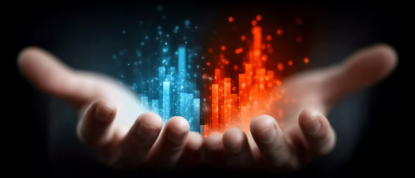 Hands Holding Abstract Blue and Red Data Visualization.