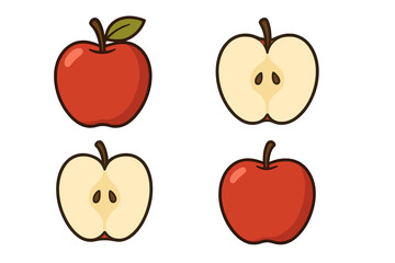 Red apple vector illustration set. Whole fruit and cut slices with seeds. Fresh organic natural food. Cartoon flat design icon collection for graphic design, web, healthy diet.