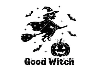 Fototapeta premium 3d illustration of good witch flying on a broomstick with a pumpkin and bats, isolated on transparent background
