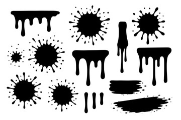Black paint drips, ink drops and splatters set. Dripping liquid stains and splashes. Grunge dirty shapes, blobs and silhouettes vector illustration collection isolated.