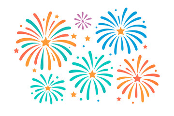 Colorful fireworks vector illustration set for festive celebrations. Bright firecracker explosions with stars for New Year, 4th of July, or party backgrounds. Cartoon style.