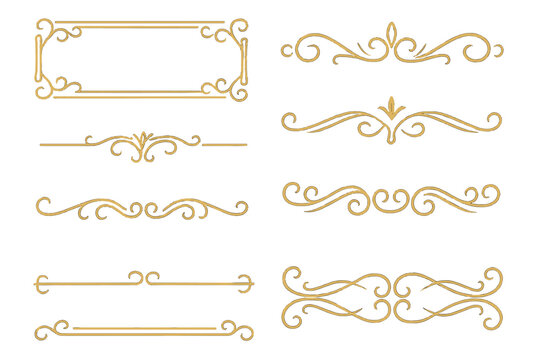 Golden ornamental line borders and elegant dividers set. Luxury vintage decorative frame and flourish scroll elements. Gold filigree calligraphic collection for wedding.