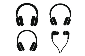 Headphones vector icon set. Earphones and earbuds silhouette collection. Audio equipment for music listening. Sound device illustration. Isolated on transparent background.