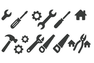Hand tool vector icon set. Workshop equipment symbols for construction, home repair, and maintenance. Features hammer, saw, wrench, pliers, screwdriver, and gear icons.