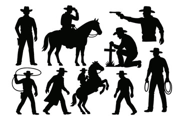 Vector collection of cowboy silhouettes in various poses. Western theme with horse rider, man with gun, lasso, and kneeling at grave. Iconic American Wild West figures.