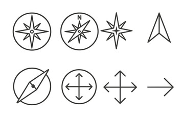 Compass and navigation line icon set. Direction symbols, wind rose, and arrow pointers for travel, maps, and location finding concepts. Vector minimal illustration pack.