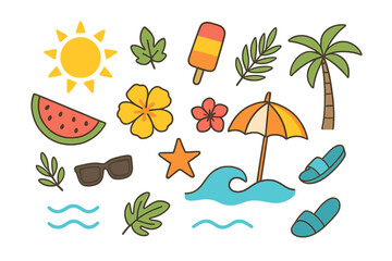 Naklejka premium Cute summer beach vacation doodle icon set. Hand-drawn cartoon collection with sun, palm tree, watermelon, ice cream, flower, sunglasses, umbrella. Tropical travel elements.