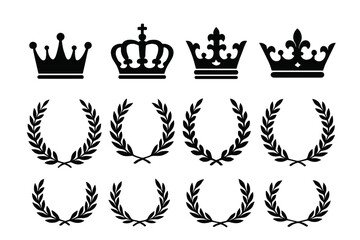 Crown and laurel wreath silhouette set. Royal icon collection for logos and emblems. Vintage vector design elements for regal themes, heraldry, awards, and victory symbols.