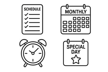 Schedule and planning line icon set. Monthly calendar, alarm clock, and special day reminder. Time management, deadline, agenda, and to-do list concept vector illustration.