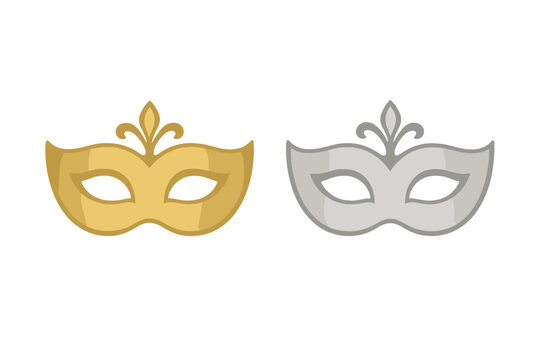 Masquerade vector icon set with golden and silver masks. Elegant carnival mask design for party invitation or ball. Mardi Gras celebration concept. Secret, mystery theater.