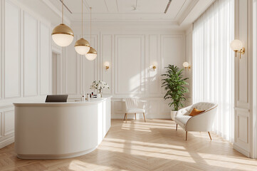 Upscale modern white reception, elegant minimalist spa or clinic lobby with beautiful natural light. vibrant