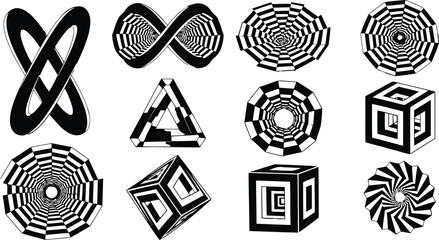 Collection of Optical Illusion Designs – Black and White Geometric Vector Patterns in Grid