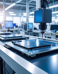 Automated assembly line; robotic arm precisely placing components onto circuit boards