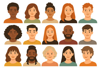 Multicultural society. Diverse group of people portraits. Men, women, young and senior characters. Various hairstyles and ethnicities. User profile avatar vector icon set.