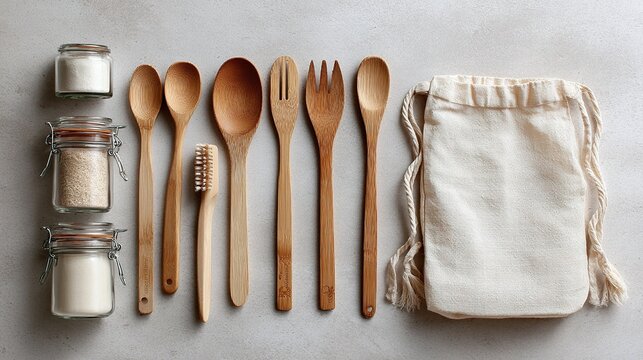 Zero waste lifestyle flat lay shot of sustainable bamboo cutlery, reusable glass jars and organic cotton tote bags on wooden table. Eco-friendly living concept