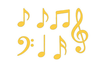 Golden music notes vector icon set. Treble clef, bass clef, melody and rhythm symbols. Musical notation elements for score, song, audio, and classical concert design.