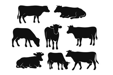 Cow silhouettes set. Collection of farm animal vectors. Graphics for agriculture, dairy products, and beef industry. Standing, grazing, and lying cows illustration.