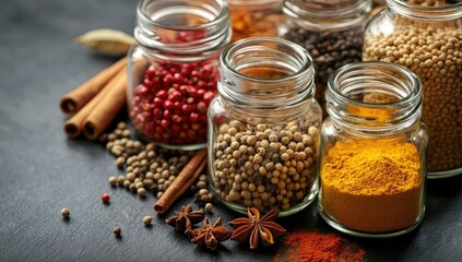 Assorted spices in glass jars on dark surface (2)