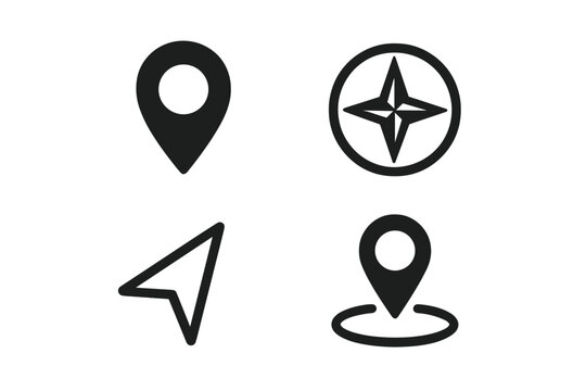 Navigation icon vector set with simple map pin, compass, and directional symbols. Flat location marker, arrow, and pointer for UI design, web mapping, and GPS apps.