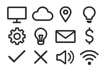Universal icons set for web and mobile. Modern thin line symbols. Business, technology, communication, finance concepts. Editable stroke vector on transparent background.