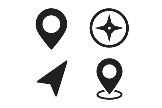 Navigation icon set with map pin, compass, and location marker. Simple vector glyphs for GPS, UI design, web mapping, and travel apps. Directional symbols and route concepts.