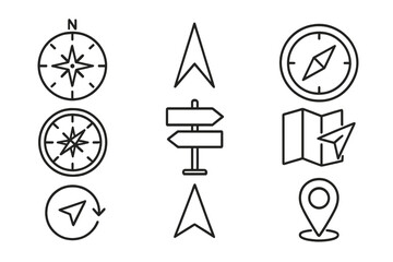 Navigation and direction line icon set. Vector compass, map, GPS locator pin, and arrow symbols. Travel, adventure, and exploration concepts for web and app design.