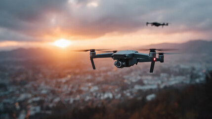 Drones Flying Over City at Sunset Capturing Aerial Views of Urban Landscape