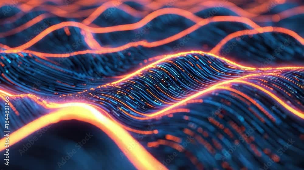 Wall mural abstract digital wave background with colorful glowing lines and particles, illustrating technologic