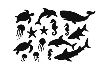 Fototapeta premium Ocean animal silhouette vector collection. Set of sea creatures and marine life icons. Includes turtle, dolphin, whale, shark, jellyfish, seahorse, and starfish designs.