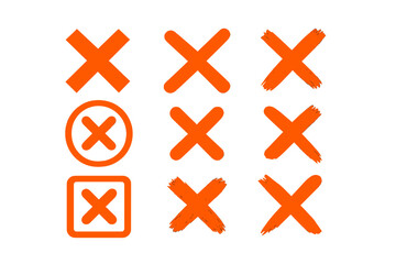Obraz premium Orange cross mark icon collection. Hand-drawn X symbols with grunge and brush stroke styles. No sign, wrong choice, error button, decline vote, delete element vector.