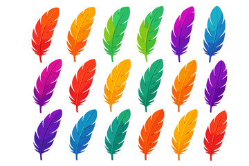 Colorful feather set vector illustration. Big collection of vibrant bird feathers. Concept of boho, ethnic, tribal design elements. Smooth, lightweight, quill icon pack.