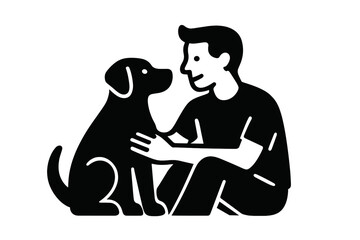Man and dog friendship icon. Pet owner petting his puppy. Human and animal bond. Simple minimalist vector logo for vet clinic, pet shop or animal shelter concept.