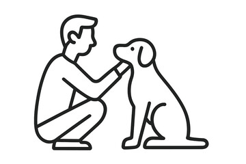 Man petting dog line icon. Human and animal friendship, love, care concept. Pet owner with his canine friend. Simple minimal vector illustration for vet, adoption, shelter.