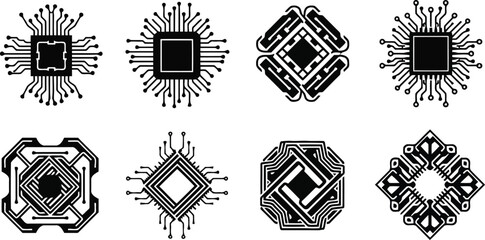 Set of Geometric Circuit-Inspired Designs – Black and White Vector Icons of Electronic Patterns.