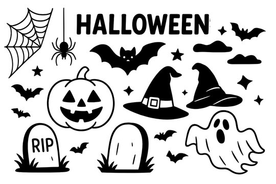 Halloween icons set. Spooky holiday graphic collection with pumpkin, ghost, bat, witch hat, spider, web, and tombstone. Cute creepy doodle vector illustrations for party. - Powered by Adobe
