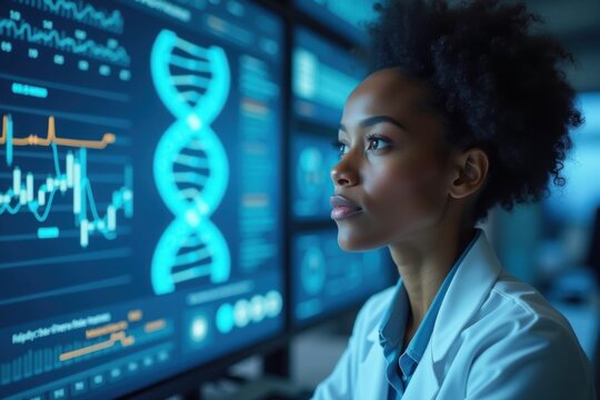 Scientist analyzing genetic data on advanced laboratory computer systems displaying DNA and graphs