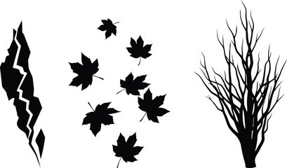 Nature-Inspired Silhouette Set – Black Vector Icons of Lightning, Maple Leaves, and Bare Tree