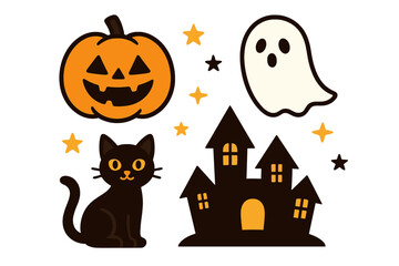 Halloween icon set with cute ghost, black cat, and jack o' lantern pumpkin. Spooky haunted house silhouette. Cartoon vector illustration collection for kids' party design.